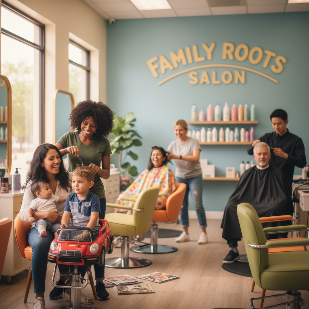 Children and adults getting haircuts at Abhishek Hair Salon in Scottsdale